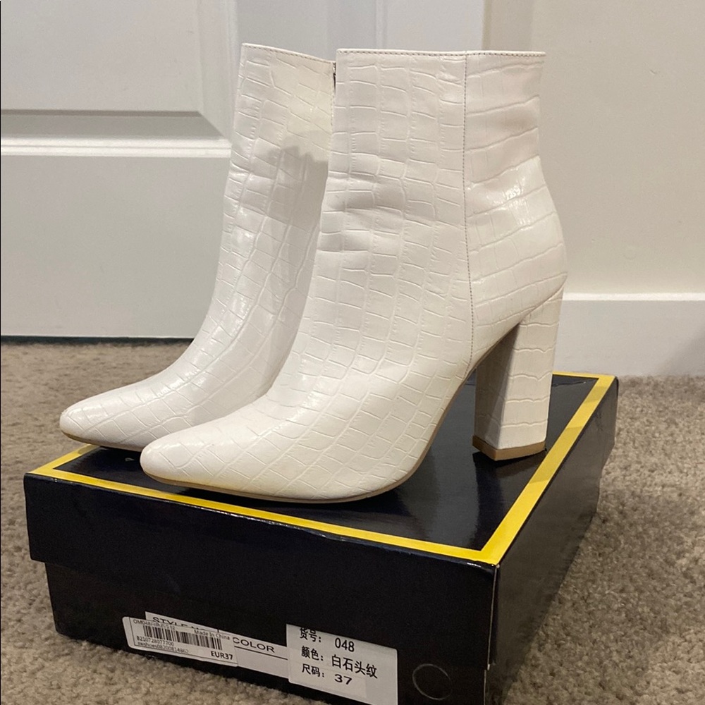 White Croc-Embossed Ankle Boots